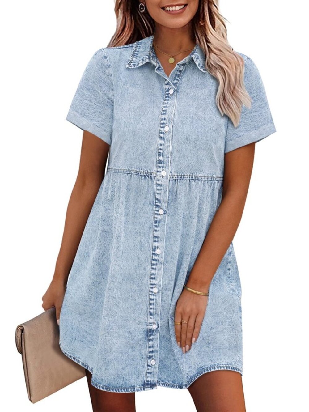 Denim Dress for Women Babydoll Tiered Short Sleeve Button Down Jean Shirt